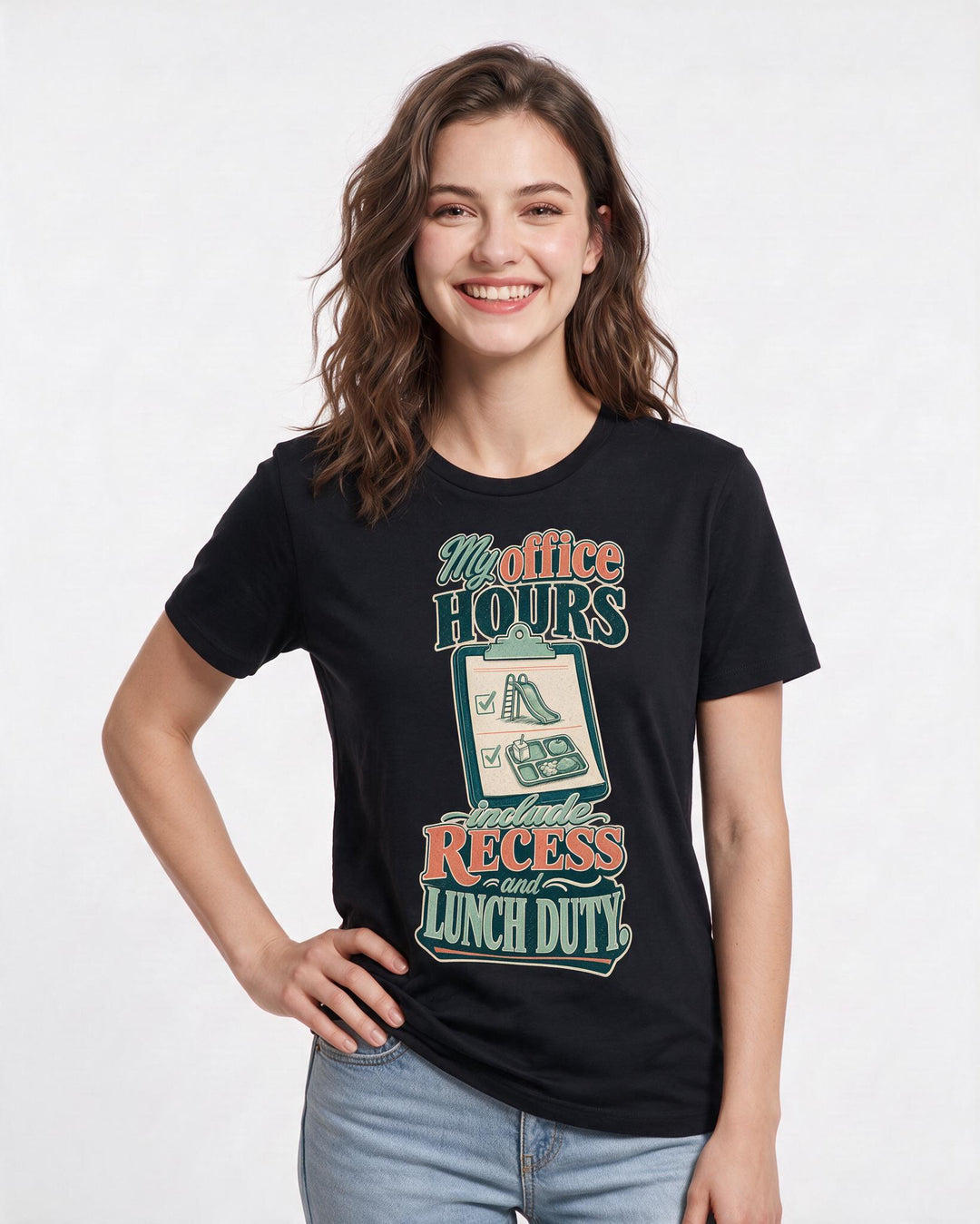 Funny Teacher Women's Black T-Shirt – My office hours include recess and lunch duty. product image 3