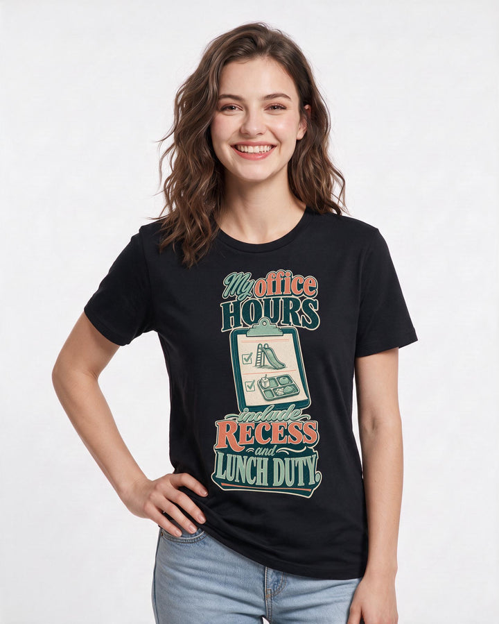 Funny Teacher Women's Black T-Shirt – My office hours include recess and lunch duty. product image 3