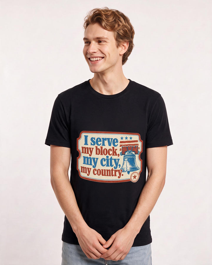 Graphic Men's Black T-Shirt - I serve my block, my city, my country. product image 3