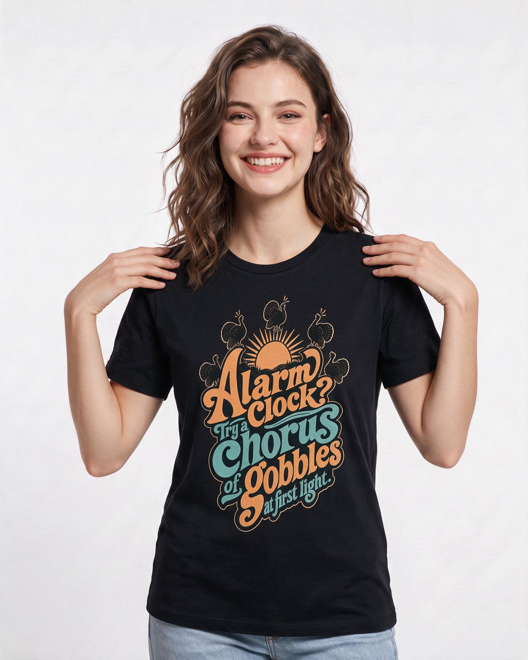 Hunting Women's Black T-Shirt – Alarm clock? Try a chorus of gobbles at first light. product image 3