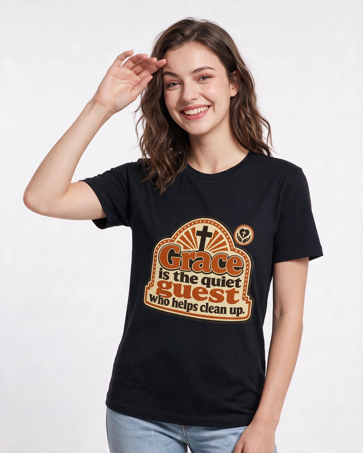 Graphic Women's Black T-Shirt - Grace is the quiet guest who helps product image 3