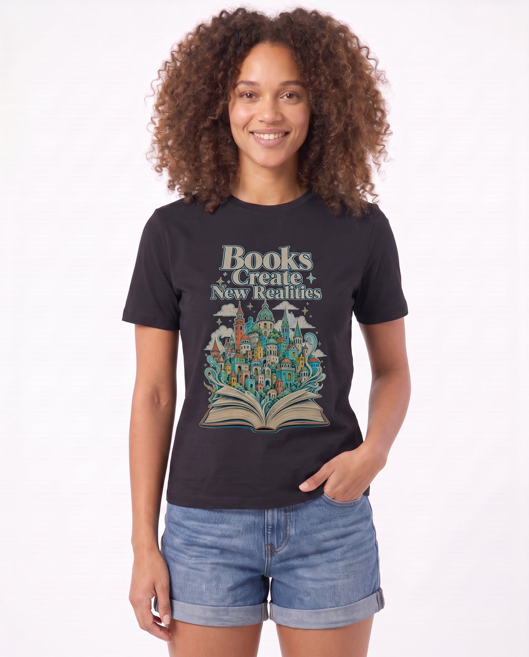 Books Create New Realities Black T-Shirt mockup 3
