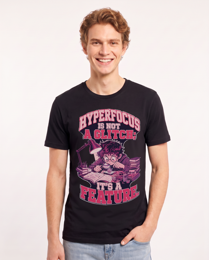 Neurodiversity Men's Black T-Shirt – Hyperfocus is not a glitch; it's a feature. product image 1
