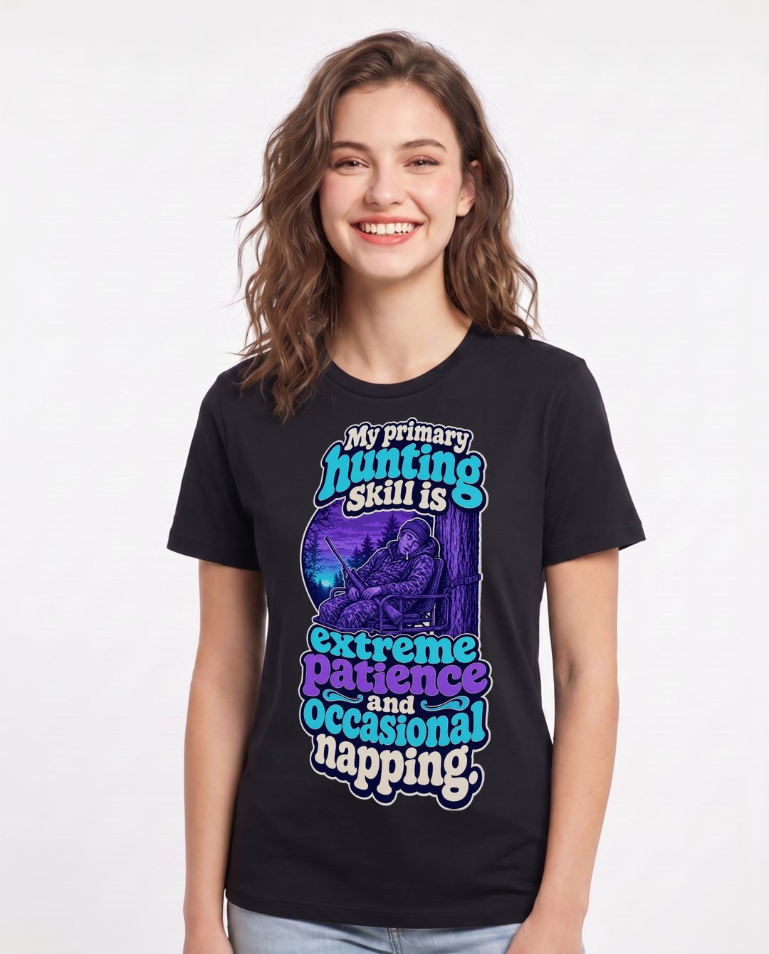 Funny Hunting Women's Black T-Shirt – My primary hunting skill is extreme patience and occasional napping product image 1