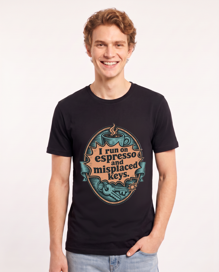 Graphic Men's Black T-Shirt - I run on espresso and misplaced keys. product image 1