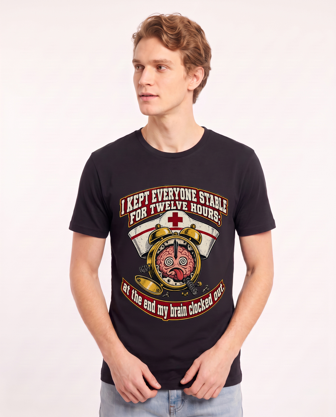 I kept everyone stable for twelve hours; at the end my brain clocked out. Men's Black T-Shirt product image 1