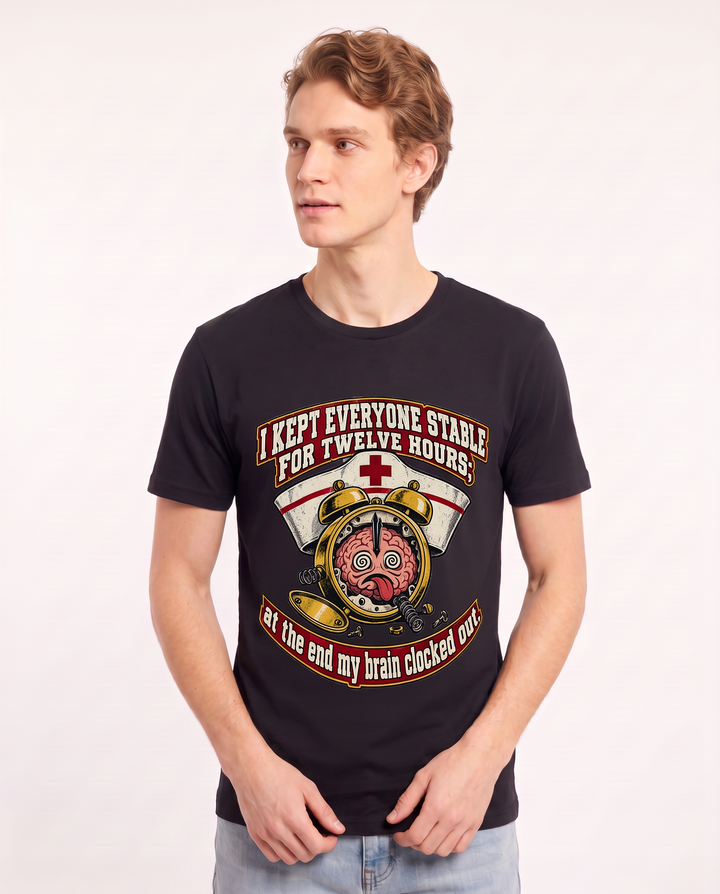 I kept everyone stable for twelve hours; at the end my brain clocked out. Men's Black T-Shirt product image 1