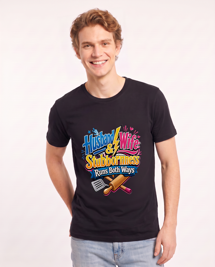 Husband & Wife: Stubbornness Runs Both Ways Men's Black T-Shirt product image 1