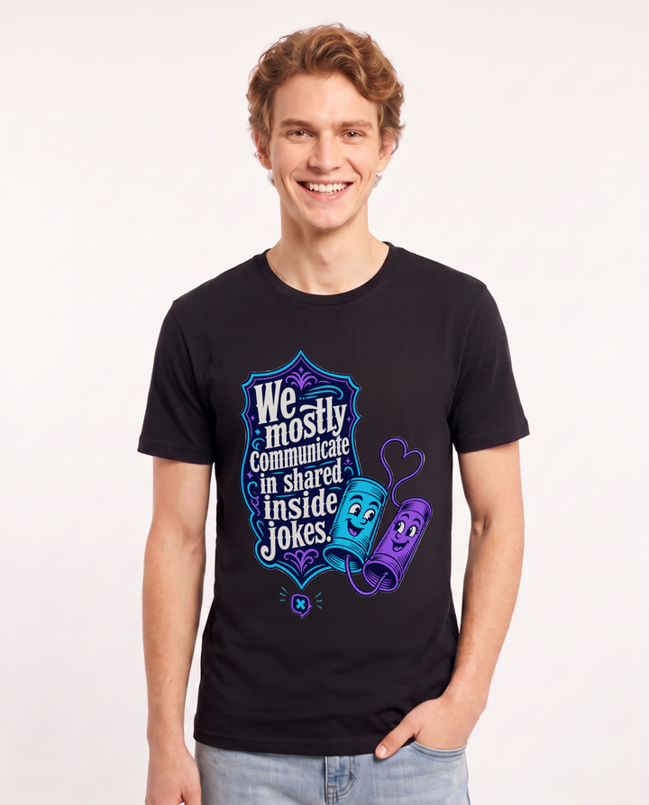 Couples Men's Black T-Shirt - We mostly communicate in shared inside product image 1