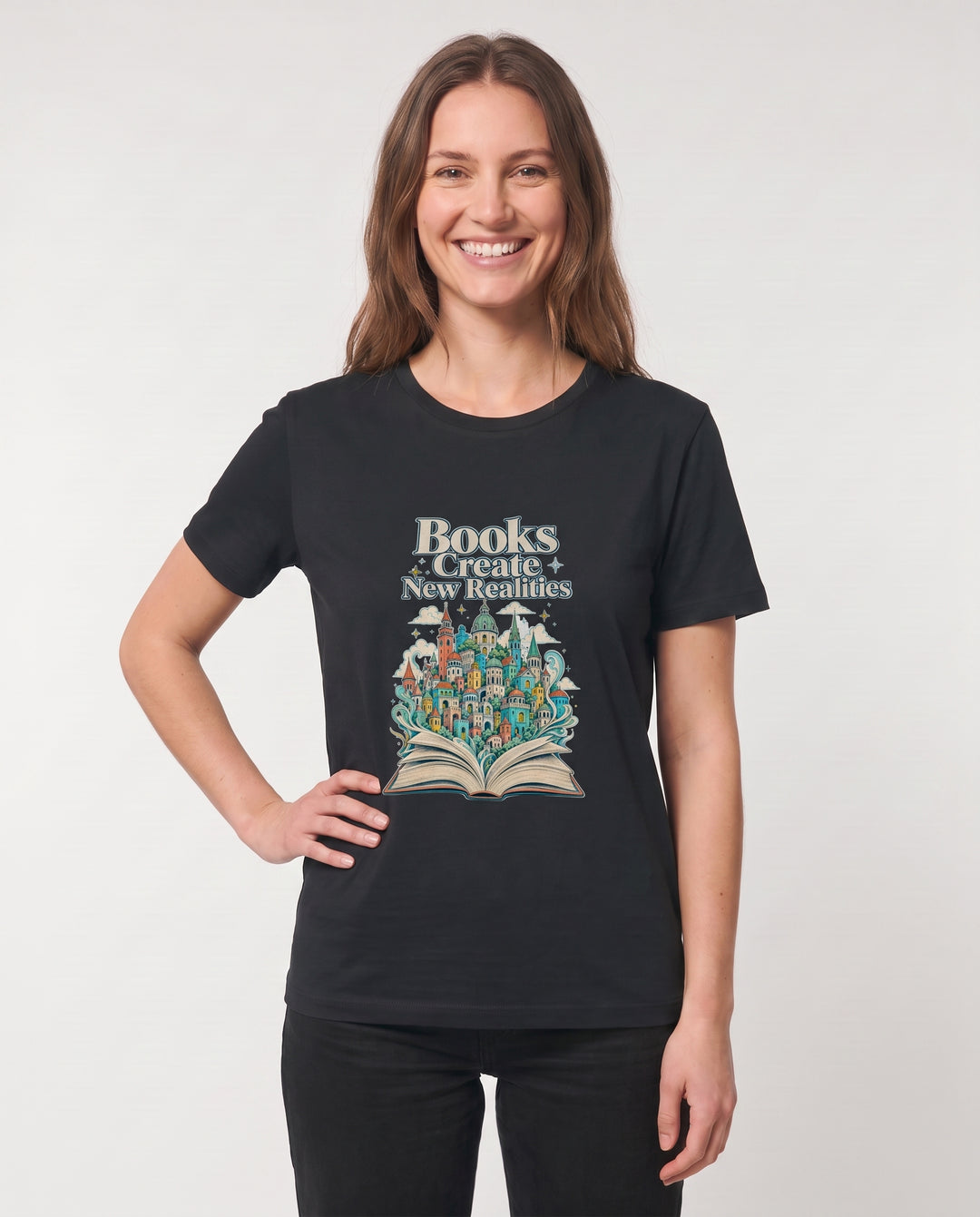 Books Create New Realities Black T-Shirt mockup 3
