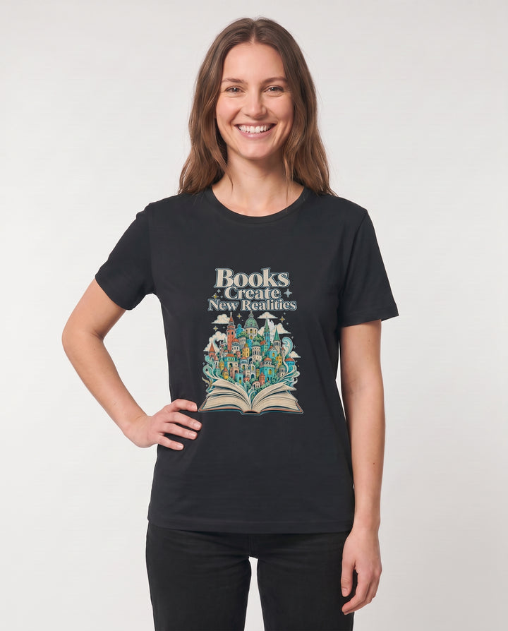Books Create New Realities Black T-Shirt mockup 3