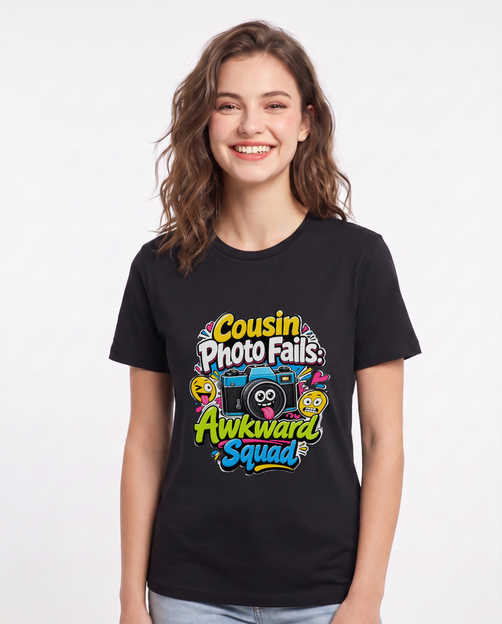 Cousin Photo Fails: Awkward Squad Women's Black T-Shirt product image 2
