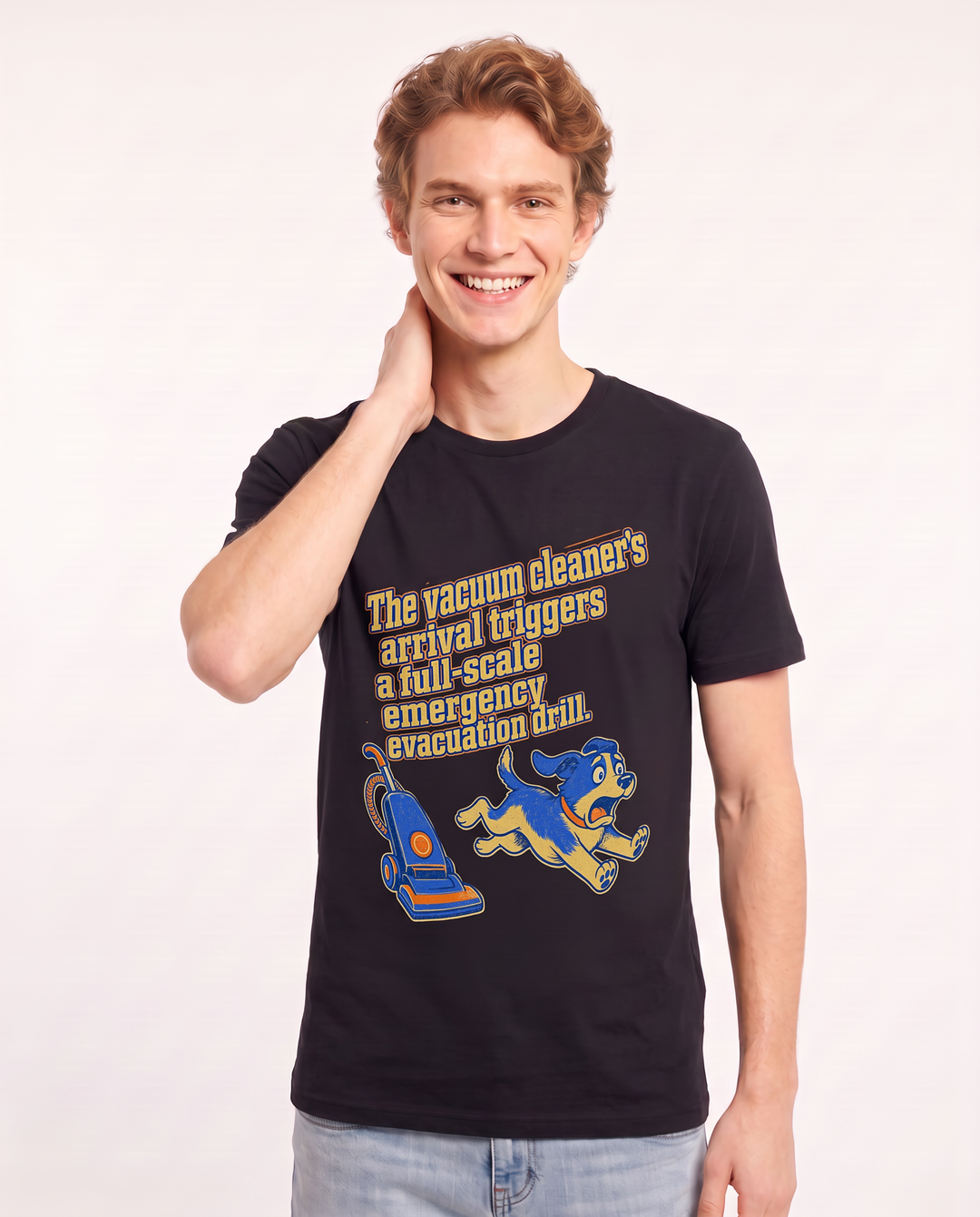 The vacuum cleaner's arrival triggers a full-scale emergency evacuation drill. Men's Black T-Shirt product image 1
