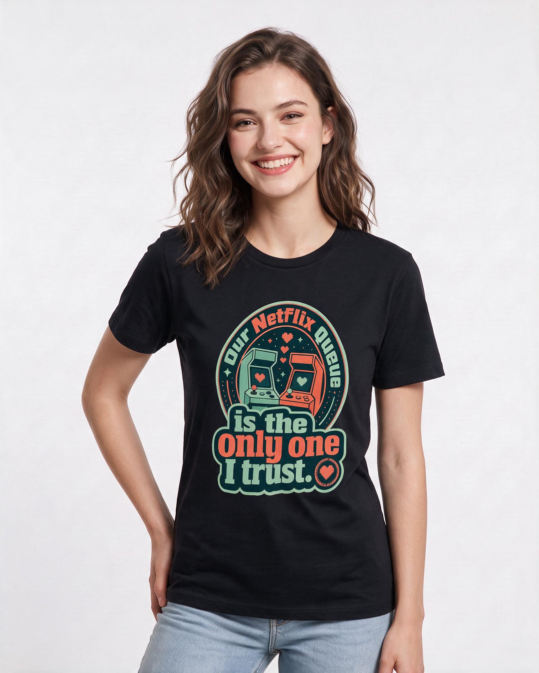 Couples Women's Black T-Shirt - Our Netflix queue is the only one I product image 3