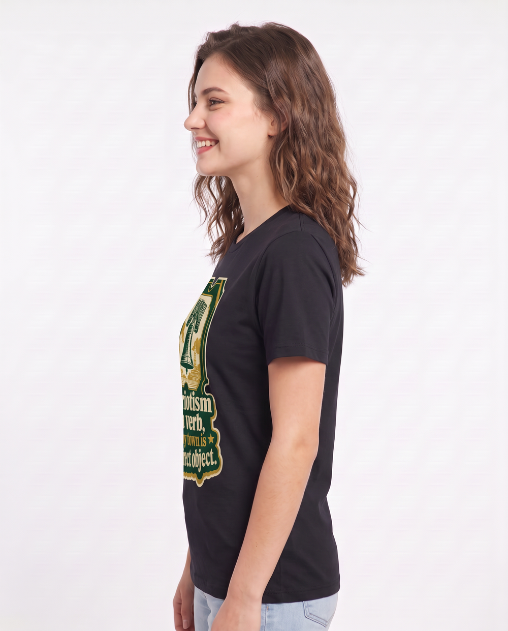 Graphic Women's Black T-Shirt - Patriotism is a verb, and my town is product image 2