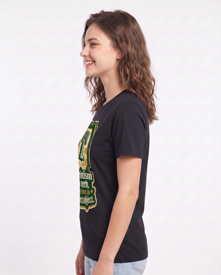 Graphic Women's Black T-Shirt - Patriotism is a verb, and my town is product image 2
