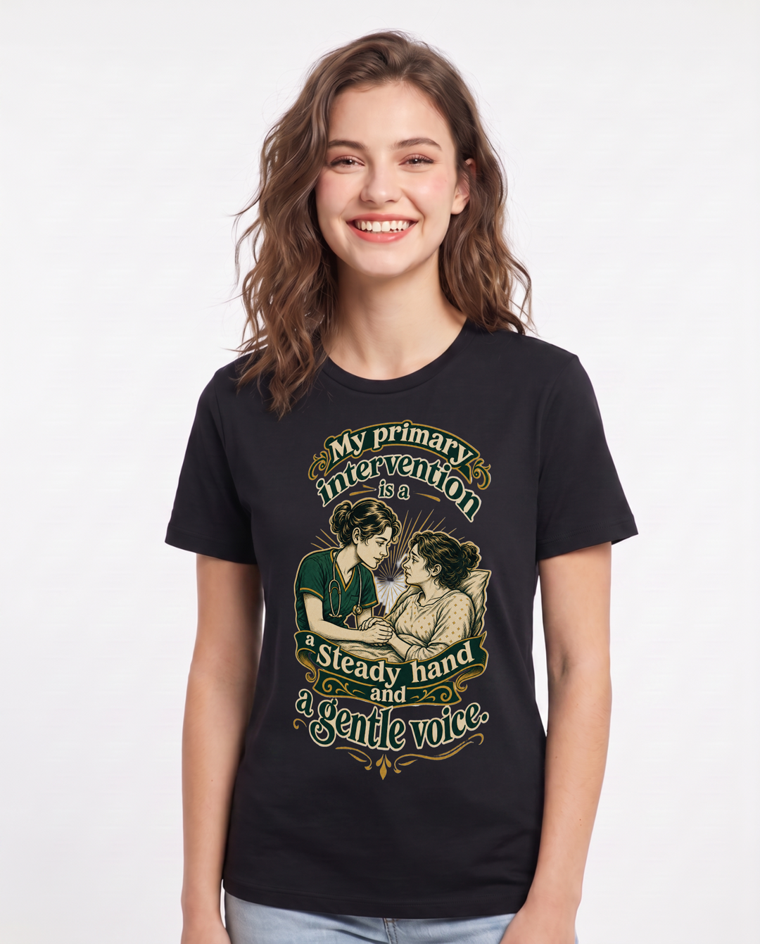 Nurse Women's Black T-Shirt – My primary intervention is a steady hand and a gentle voice. product image 1