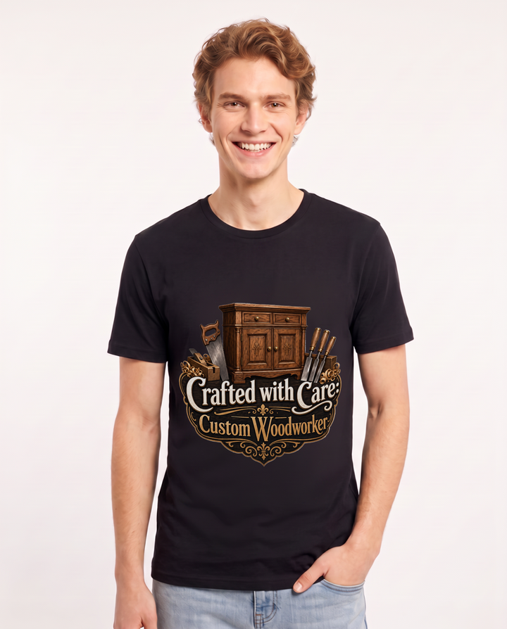 Crafted with Care: Custom Woodworker Men's Black T-Shirt product image 2