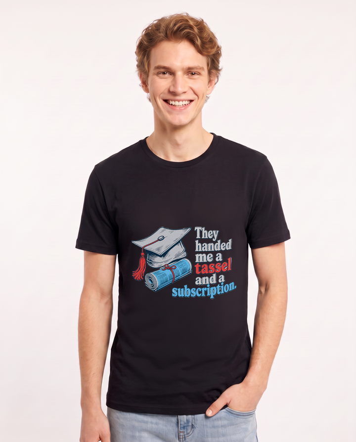 They handed me a tassel and a subscription. Men's Black T-Shirt product image 2