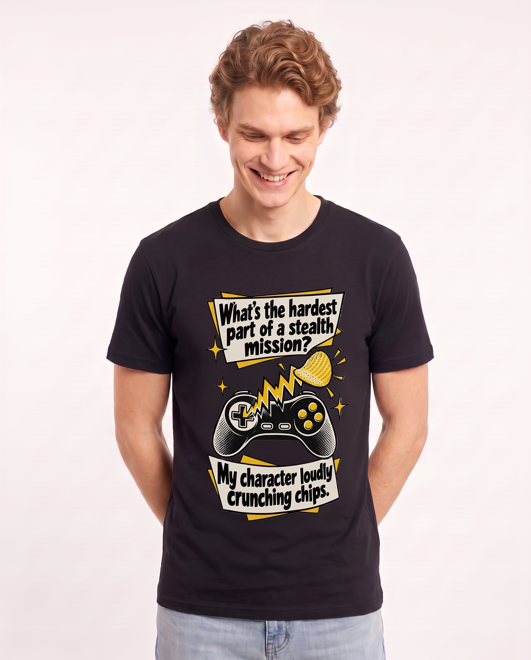 What's the hardest part of a stealth mission? My character loudly crunching chips. Men's Black T-Shirt product image 1