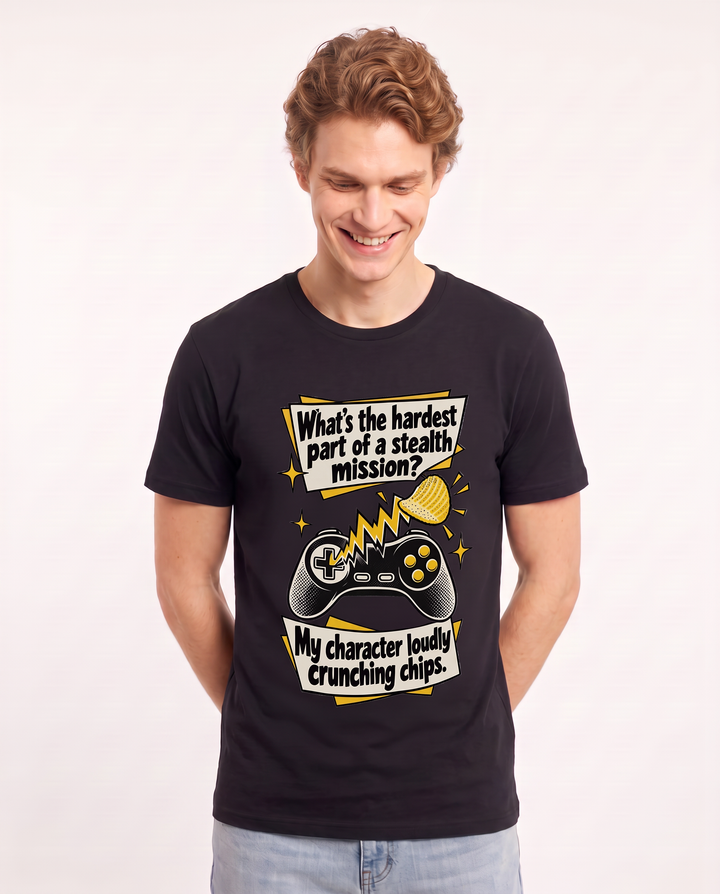What's the hardest part of a stealth mission? My character loudly crunching chips. Men's Black T-Shirt product image 1