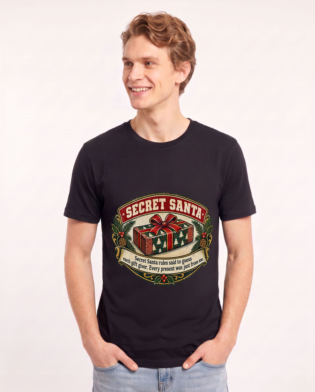 Secret Santa rules said to guess each gift giver. Every present was just from me. Men's Black T-Shirt product image 1