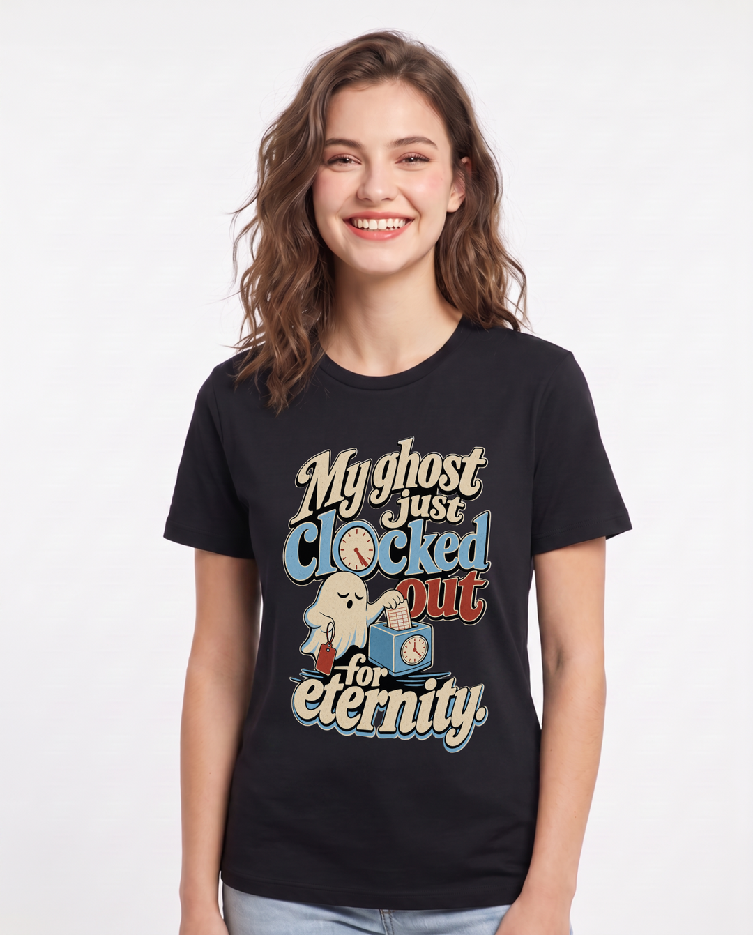 Halloween Women's Black T-Shirt – My ghost just clocked out for product image 1