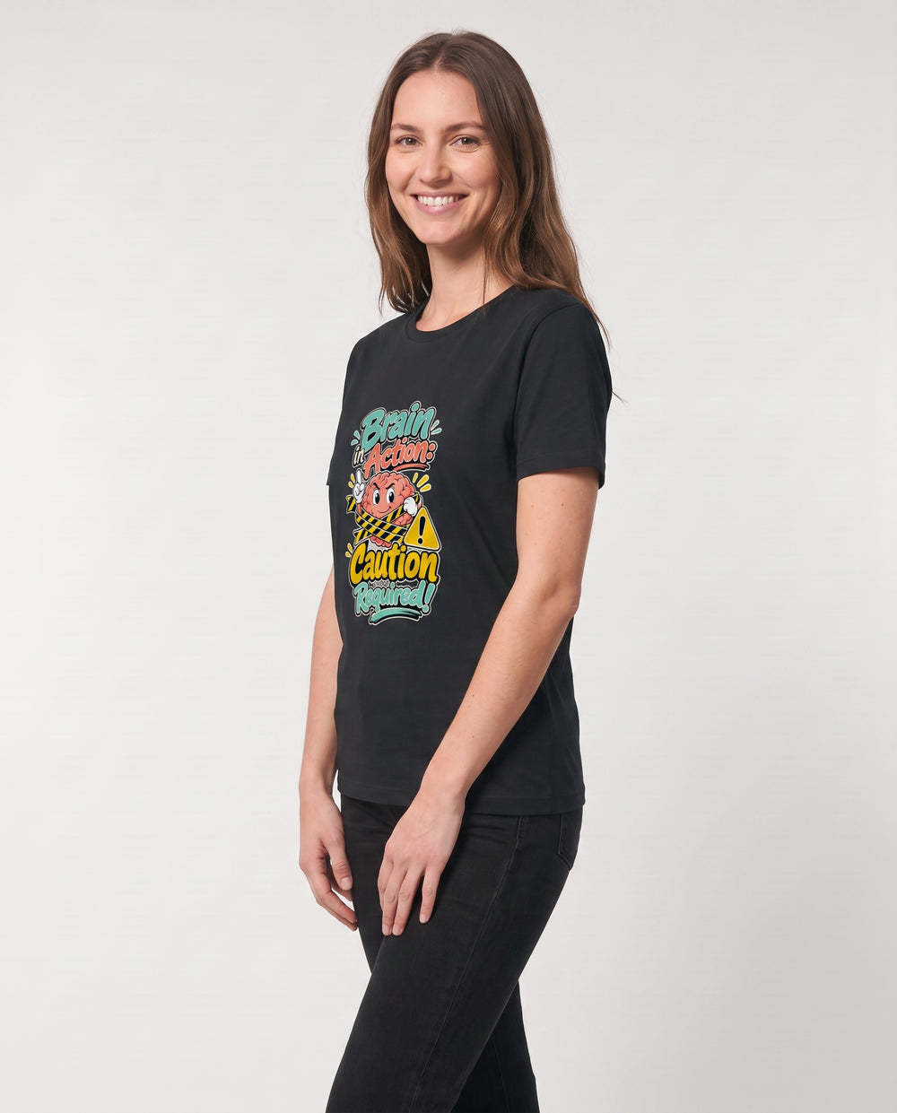 Brain In Action: Caution Required! Black T-Shirt mockup 3