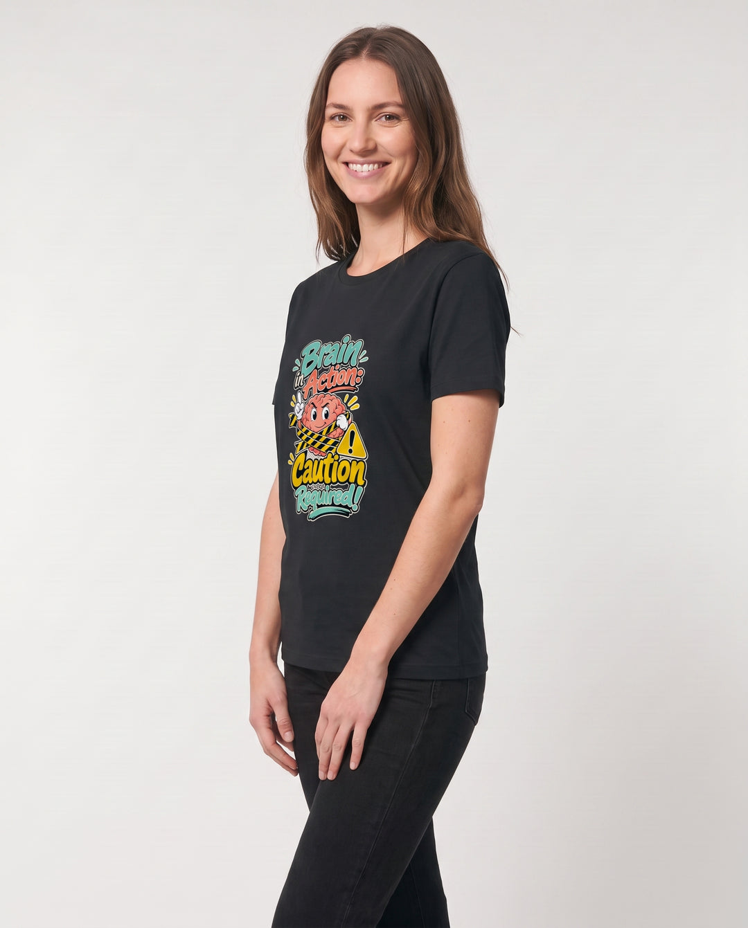 Brain In Action: Caution Required! Black T-Shirt mockup 3
