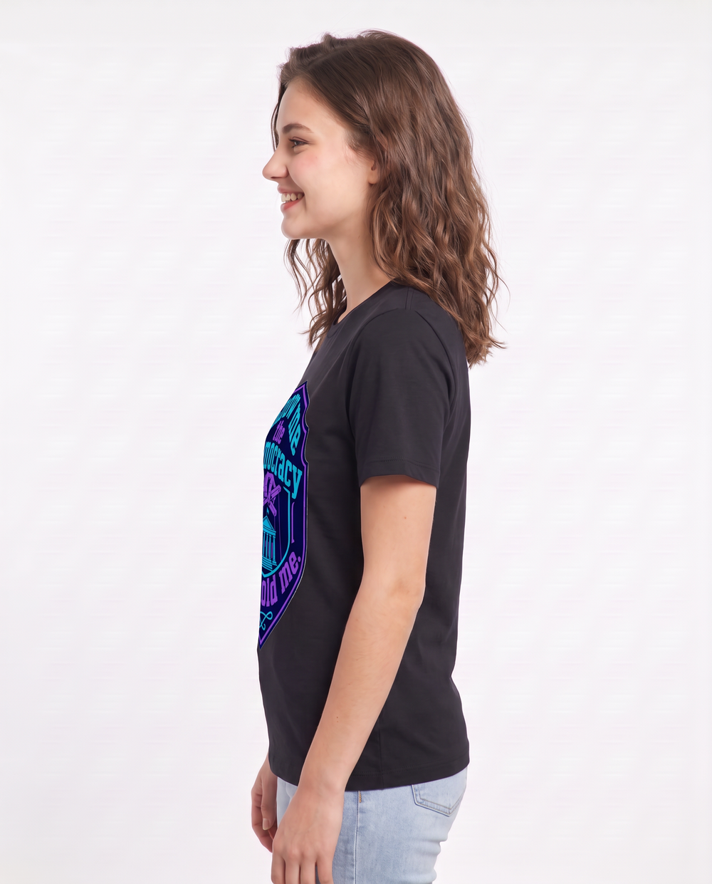 Graphic Women's Black T-Shirt - Show me the democracy you sold me. product image 2