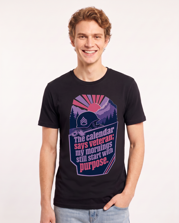 Graphic Men's Black T-Shirt - The calendar says veteran; my mornings product image 1