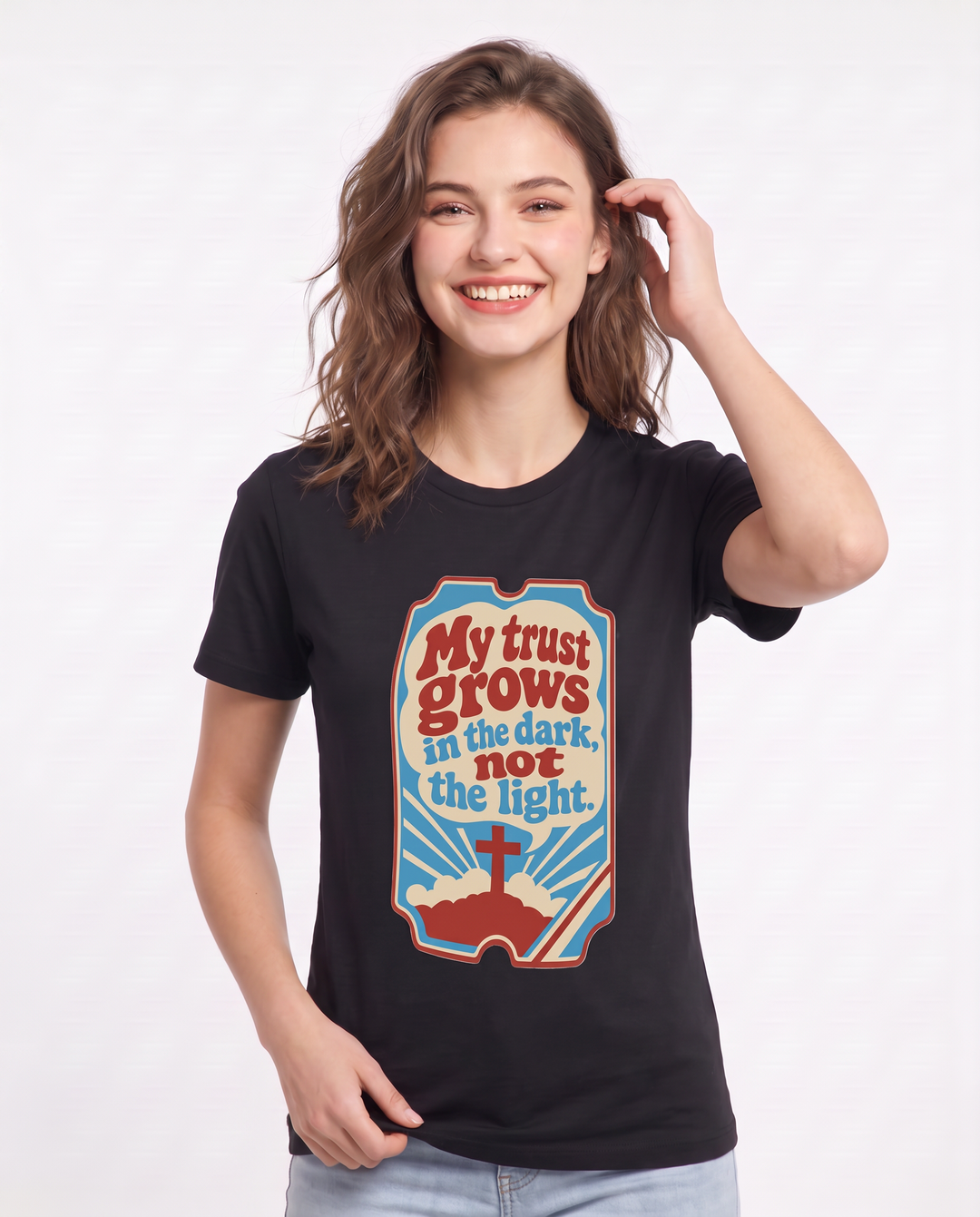 Graphic Women's Black T-Shirt - My trust grows in the dark, not the product image 3