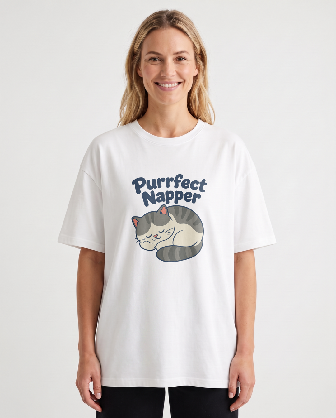 Purrfect Napper White T-Shirt mockup 1