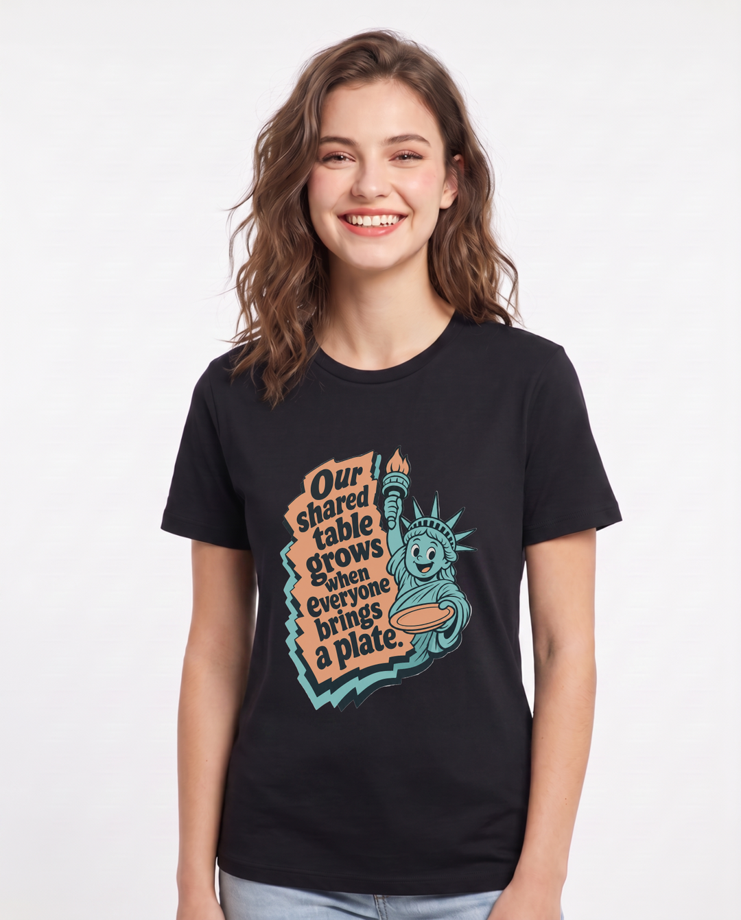 Graphic Women's Black T-Shirt - Our shared table grows when everyone product image 1