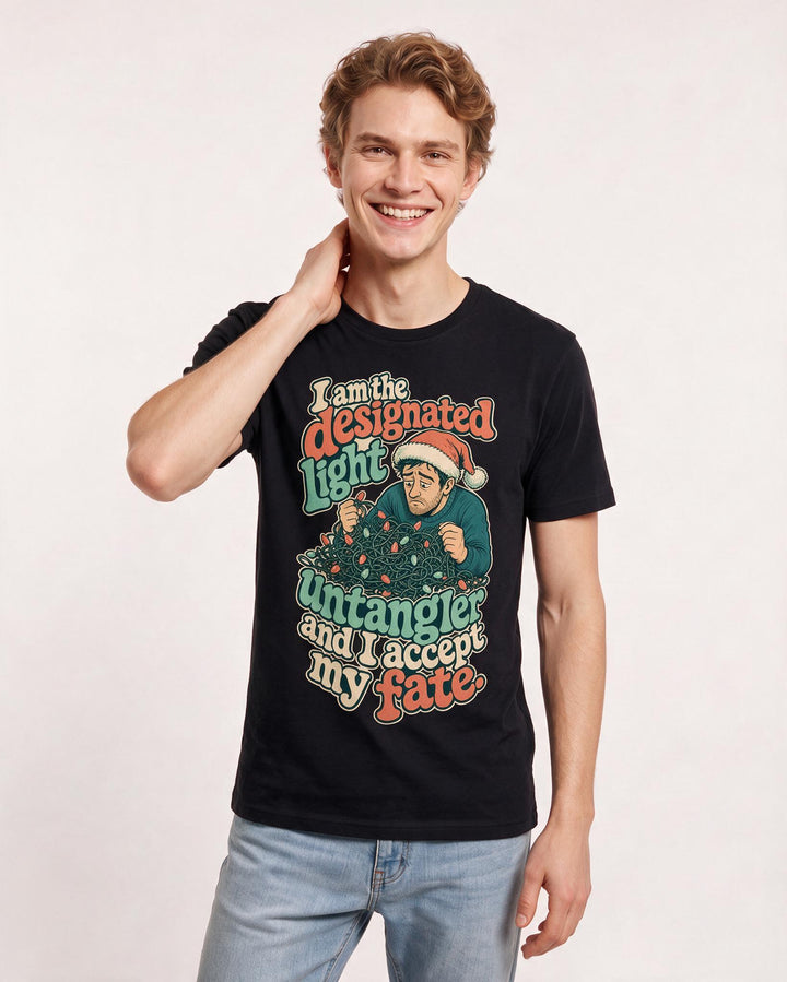 Christmas Men's Black T-Shirt – I am the designated light untangler and I accept my fate. product image 3