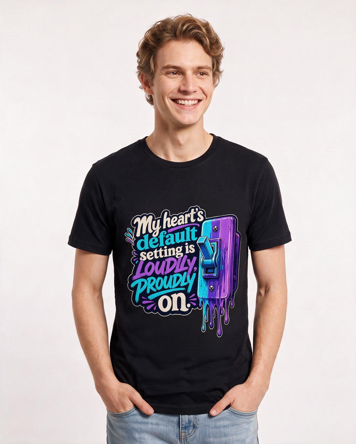 Pride Men's Black T-Shirt – My heart's default setting is loudly, proudly on. product image 3