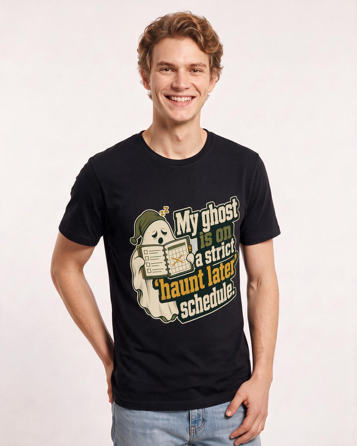 Funny Halloween Men's Black T-Shirt – My ghost is on a strict 'haunt later' schedule. product image 3