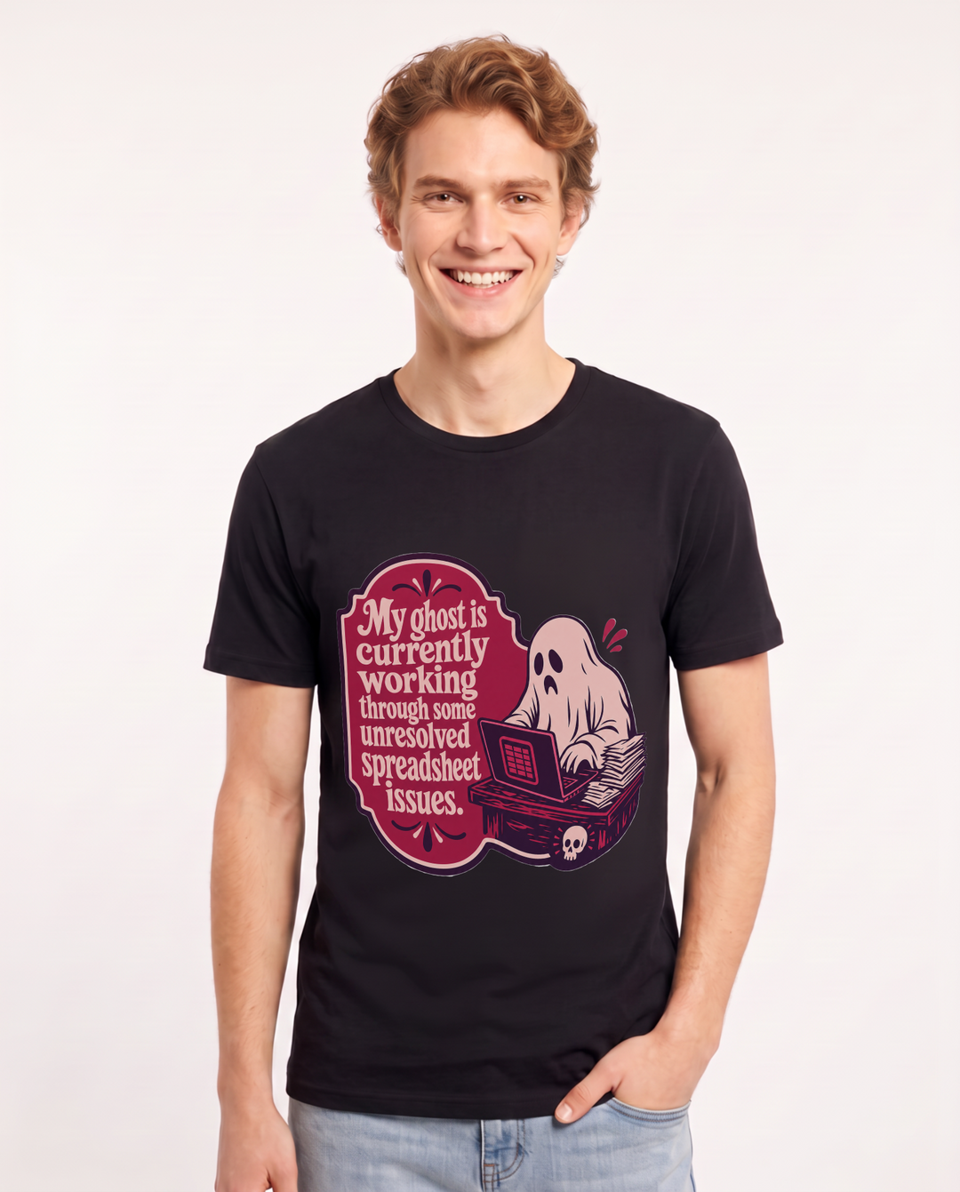 Halloween Men's Black T-Shirt - My ghost is currently working through product image 1