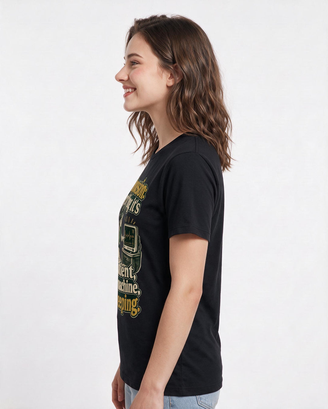 Nurse Women's Black T-Shirt – Compassion: verifying it's the patient, not the machine, who's beeping. product image 2