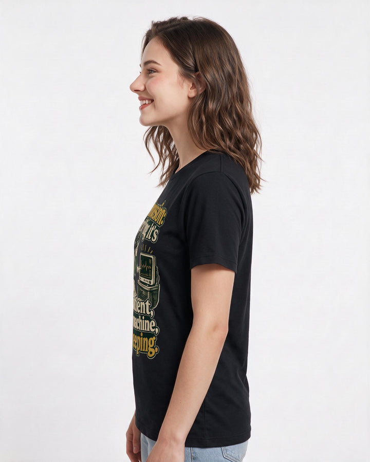 Nurse Women's Black T-Shirt – Compassion: verifying it's the patient, not the machine, who's beeping. product image 2