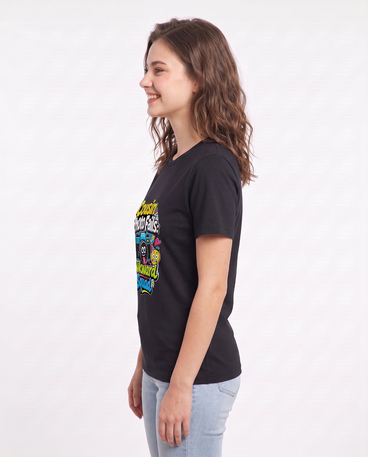 Cousin Photo Fails: Awkward Squad Women's Black T-Shirt product image 3