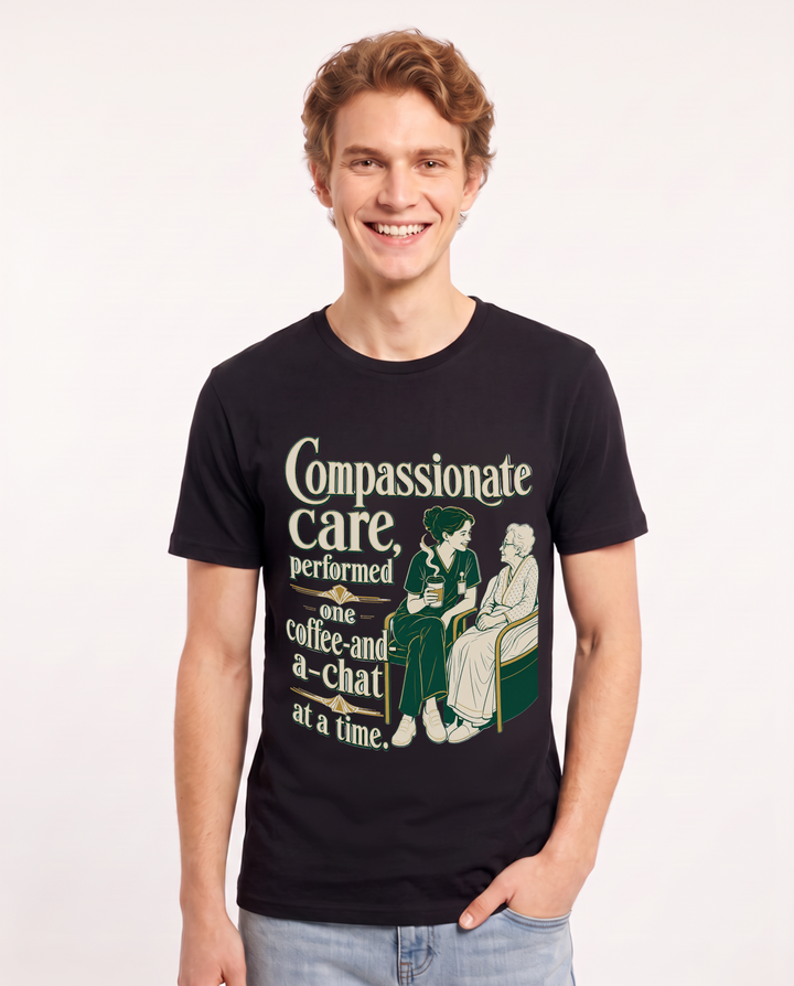 Nurse Men's Black T-Shirt – Compassionate care, performed one coffee-and-a-chat at a time. product image 1
