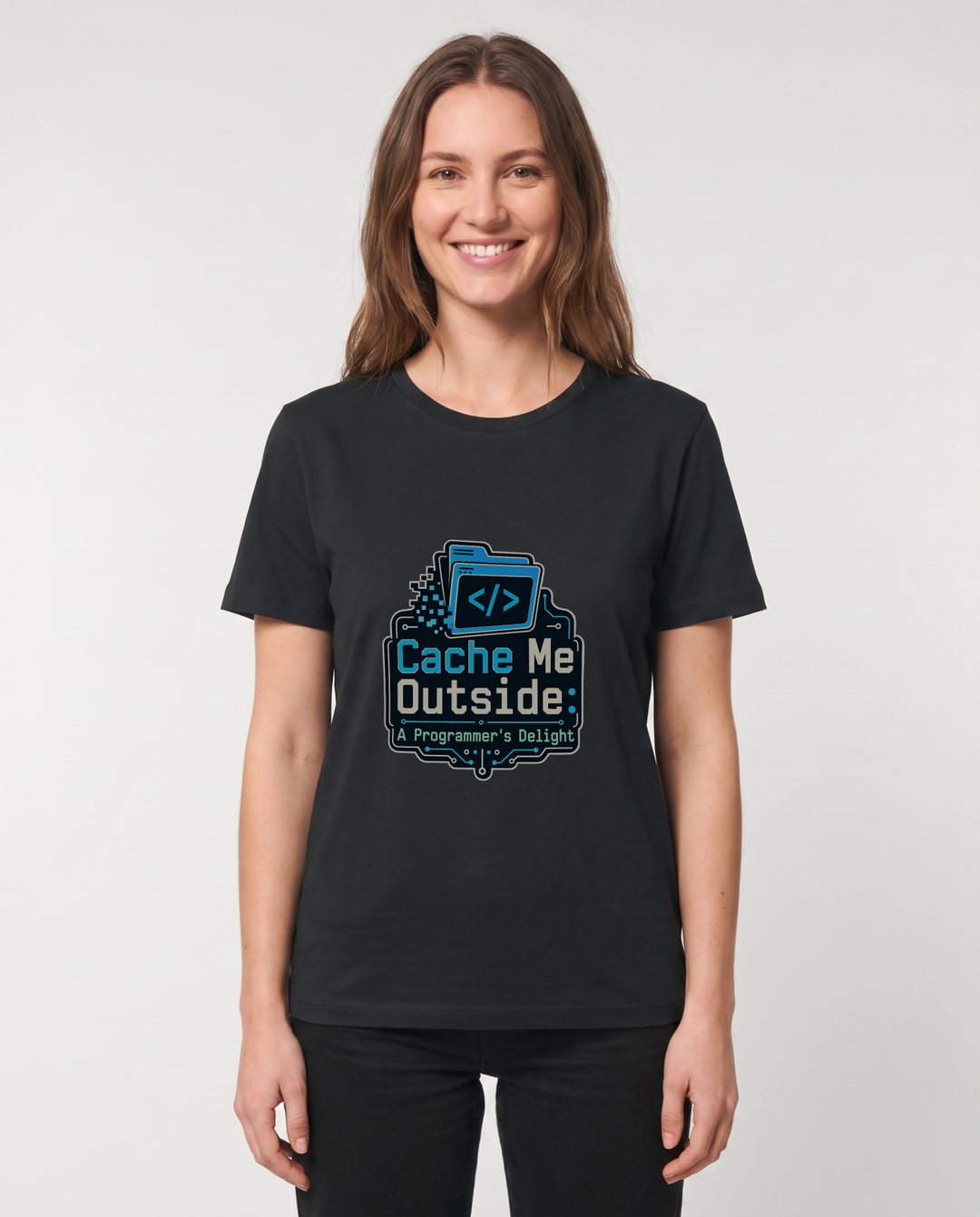 Cache Me Outside: A Programmer's Delight Black T-Shirt mockup 1