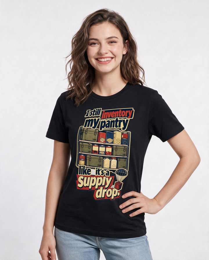 Veteran Women's Black T-Shirt – I still inventory my pantry like it's product image 3