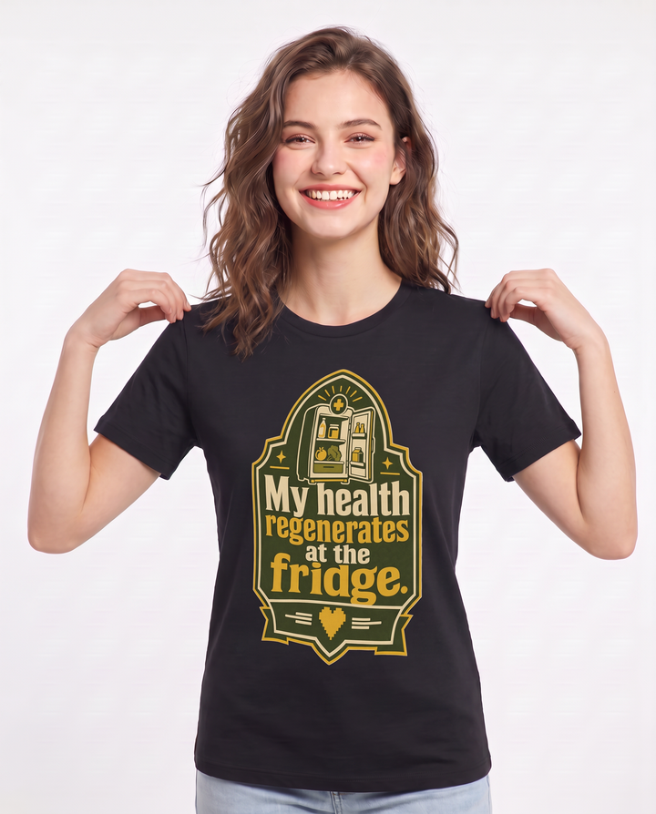Gaming Women's Black T-Shirt - My health regenerates at the fridge. product image 3