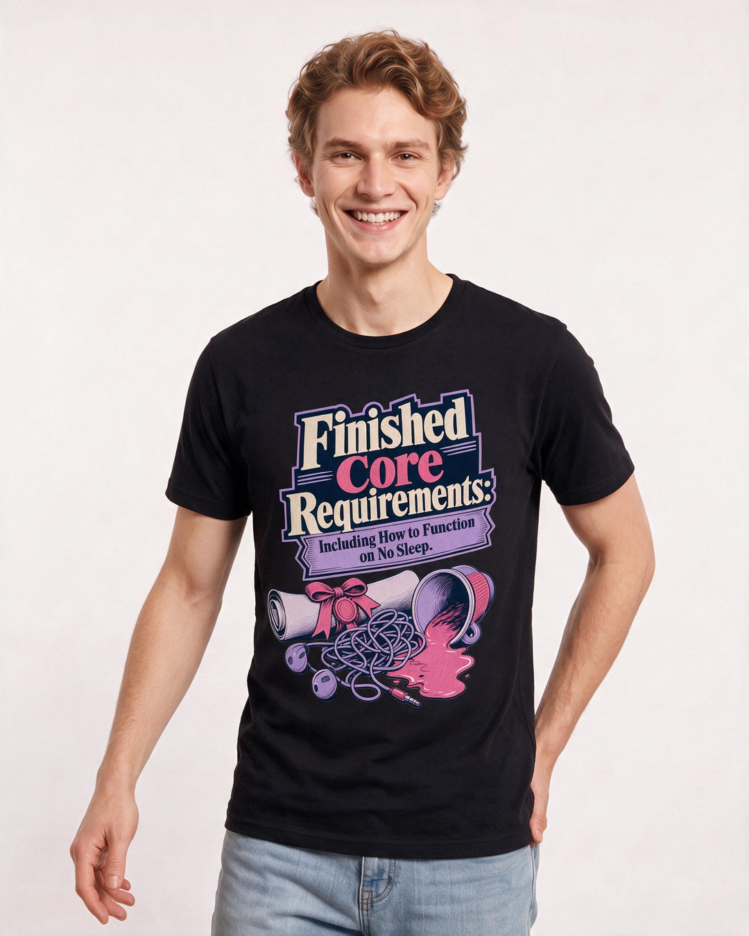 Graduation Men's Black T-Shirt – Finished Core Requirements: Including How to Function on No Sleep. product image 3