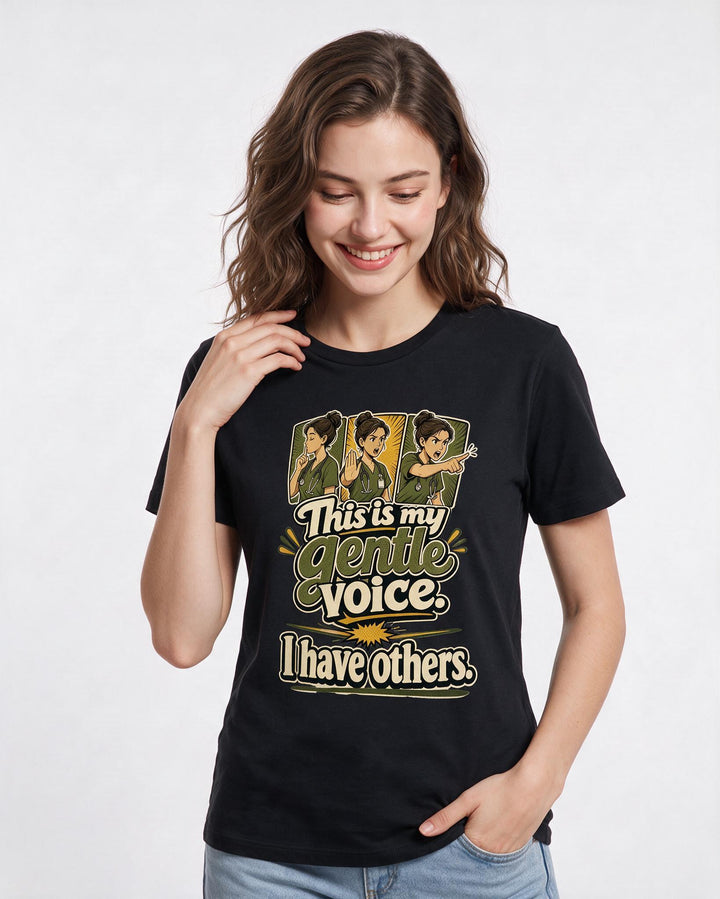 Nurse Women's Black T-Shirt – This is my gentle voice. I have product image 3