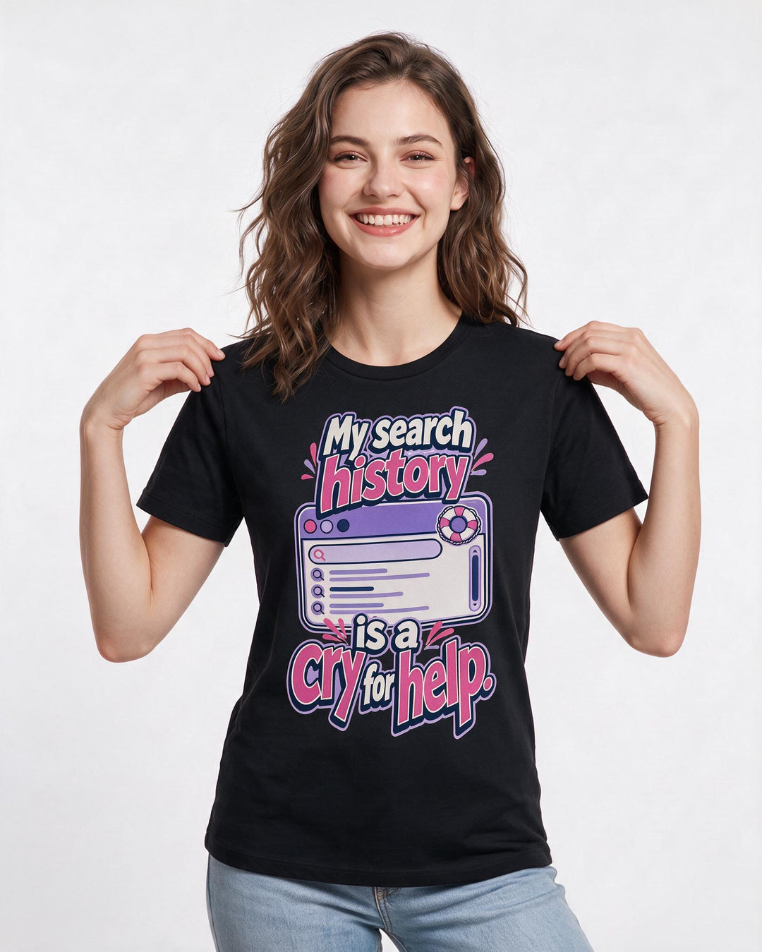 Funny Meme Women's Black T-Shirt – My search history is a cry for help. product image 3