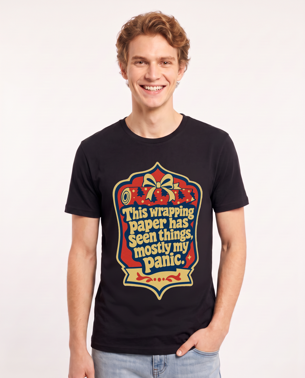 This wrapping paper has seen things, mostly my panic. - Men's Black T-Shirt product image 2