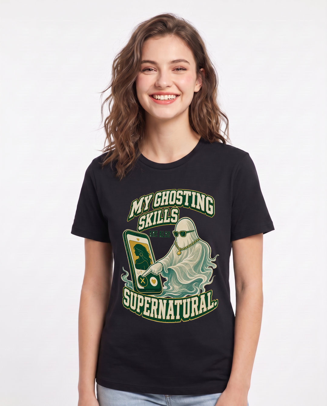 Funny Halloween Women's Black T-Shirt – My ghosting skills are also supernatural. product image 1